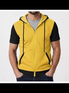Men's Yellow & Black Short-Sleeve Zip Hoodie Jacket
